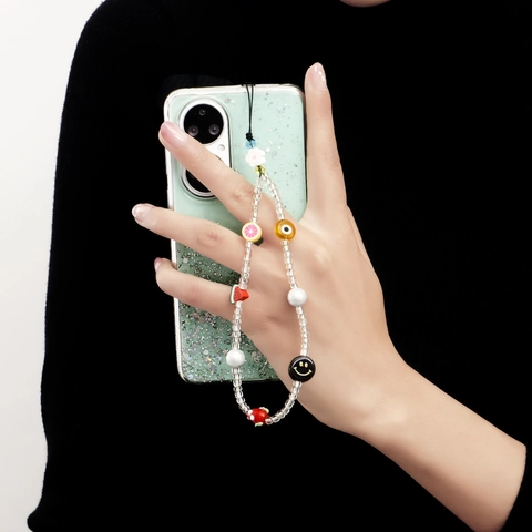 Bohemian Colorful Fruit Beads Phone Lanyard With Artificial Pearl Smiley Face Evil Eye Anti-lost Phone Chain For Women