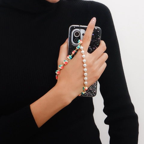 Handmade Woven Imitation Pearl Heart Phone Chain Colorful Acrylic Bead Anti-Lost Lanyard Women Mobile Phone Accessories