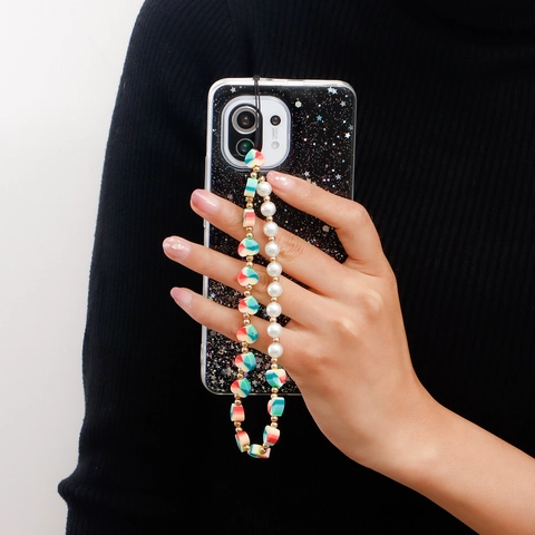 Handmade Woven Imitation Pearl Heart Phone Chain Colorful Acrylic Bead Anti-Lost Lanyard Women Mobile Phone Accessories