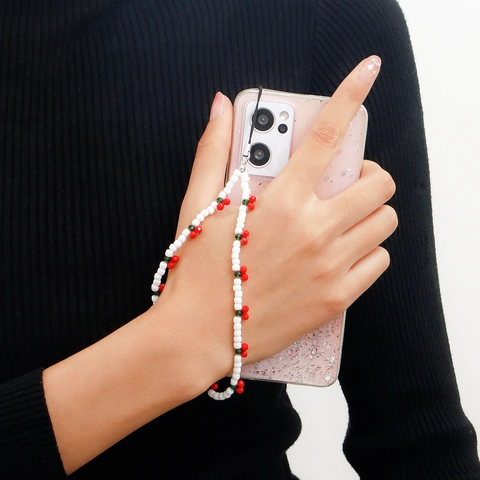 Pastoral White Rice Beaded Phone Lanyard Sweet Red Cherry Fruit Design Phone Charm For Women Girls Bag Pendant Hanging Strap