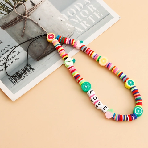 Handmade Polymer Clay Fruit Bead Phone Charm With LOVE Letters Colorful Heishi Bead Lanyard Wrist Strap For Women Phone Decoration