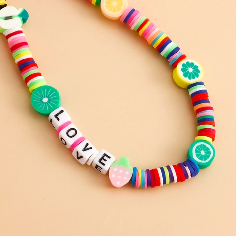 Handmade Polymer Clay Fruit Bead Phone Charm With LOVE Letters Colorful Heishi Bead Lanyard Wrist Strap For Women Phone Decoration