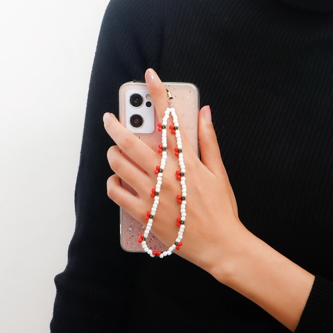 Pastoral White Rice Beaded Phone Lanyard Sweet Red Cherry Fruit Design Phone Charm For Women Girls Bag Pendant Hanging Strap