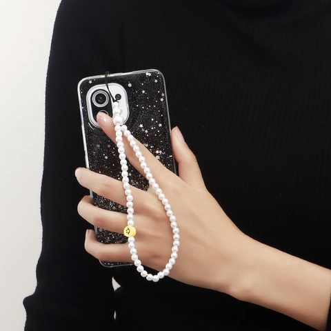Artificial Pearl Beaded Phone Lanyard With Yellow Smiley Face Charm Anti-lost Wrist Strap Smartphone Accessory For Women
