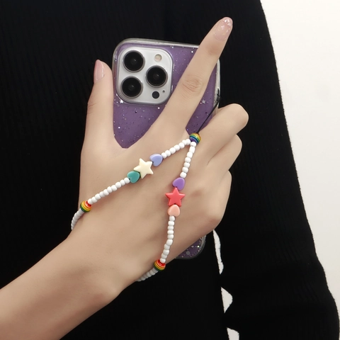 Multicolor Star Heart Beaded Phone Lanyard Colorful Acrylic Beads Mobile Phone Strap For Women Daily Bag Charm Decorative Accessory