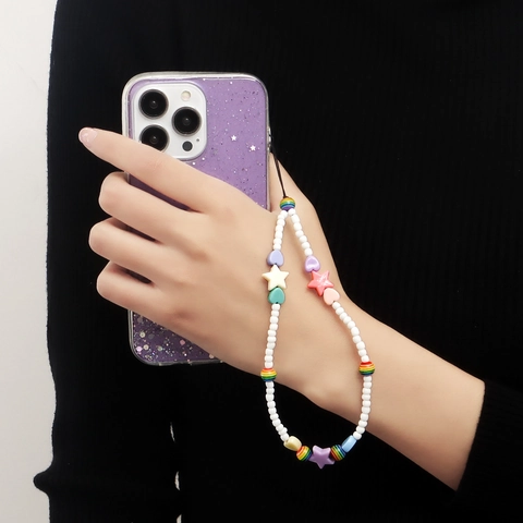 Multicolor Star Heart Beaded Phone Lanyard Colorful Acrylic Beads Mobile Phone Strap For Women Daily Bag Charm Decorative Accessory