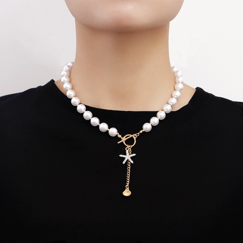 Women Ocean Theme Imitation Artificial Pearl Necklace Alloy Starfish Shell Rhinestone Pendant Toggle Clasp Beach Vacation Jewelry