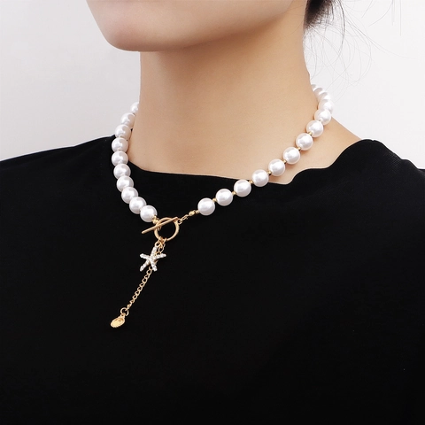 Women Ocean Theme Imitation Artificial Pearl Necklace Alloy Starfish Shell Rhinestone Pendant Toggle Clasp Beach Vacation Jewelry