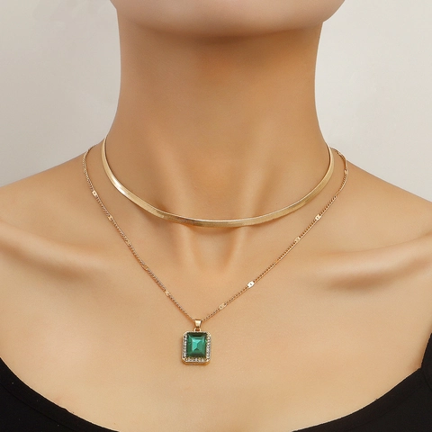 Double Layered Snake Bone Chain Necklace Alloy Gold Plated Rectangular Faux Gemstone Pendant Rhinestone Vintage For Women