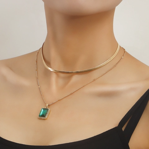 Double Layered Snake Bone Chain Necklace Alloy Gold Plated Rectangular Faux Gemstone Pendant Rhinestone Vintage For Women