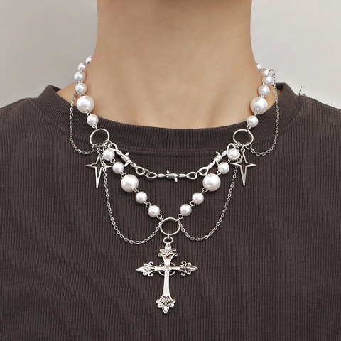 Gothic Punk Multi-Layer Imitation Pearl Cross Pendant Necklace For Women Alloy Star Tassel Y2K Vintage Jewelry Gift