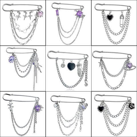 Gothic Punk Mehrlagige Kette Brosche Silber Legierung Sicherheitsnadel Mit Herz Stern Strass Anhänger Hip Hop Anzug Zubehör