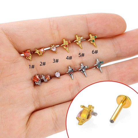 316L Acero Inoxidable Corazón Espada Rosa Rosca Interna Labret Piercing Labio Cartílago Oreja Con Circonia Joyería