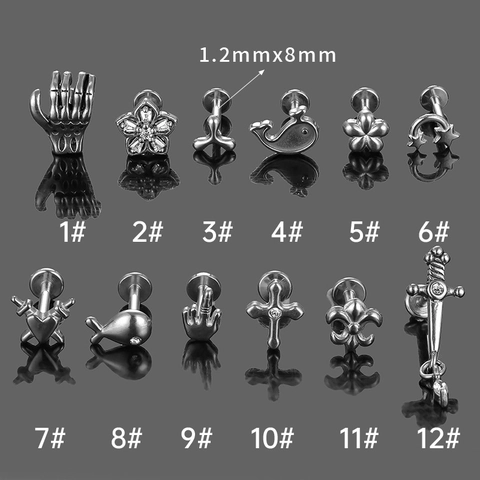 Pendiente de Cartílago de Acero Inoxidable 316L Circonia Cruz Ballena Corazón Mano Daga Joyería de Piercing para Hombre Mujer