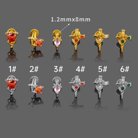 316L Acero Inoxidable Corazón Espada Rosa Rosca Interna Labret Piercing Labio Cartílago Oreja Con Circonia Joyería