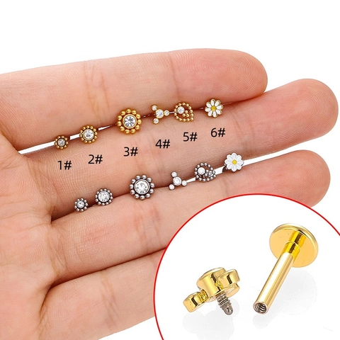 Clou de Lèvre Labret en Acier Inoxydable 316L avec Zirconia Filetage Interne Bijoux de Piercing Cartilage Fleur Cœur