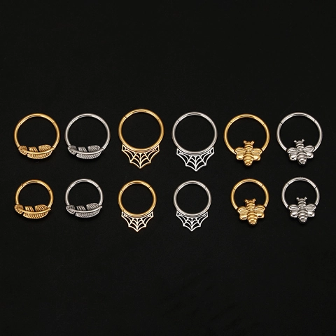 Anillo de Piercing con Bisagra de Acero de Titanio Abeja Pluma Telaraña Oro Plata Anillo de Nariz Pendientes de Cartílago