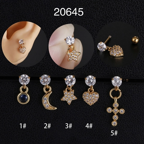 Minimalist Stainless Steel Zircon Spiral Stud Earrings For Women Men Gold Heart Moon Star Cross Cartilage Piercing Jewelry