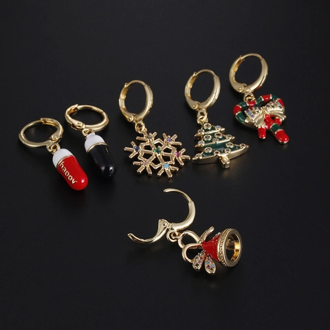 Festive Christmas Halloween Copper Zirconia Drop Earrings For Women Reindeer Snowflake Candy Cane Tree Bell Ear Clip Jewelry