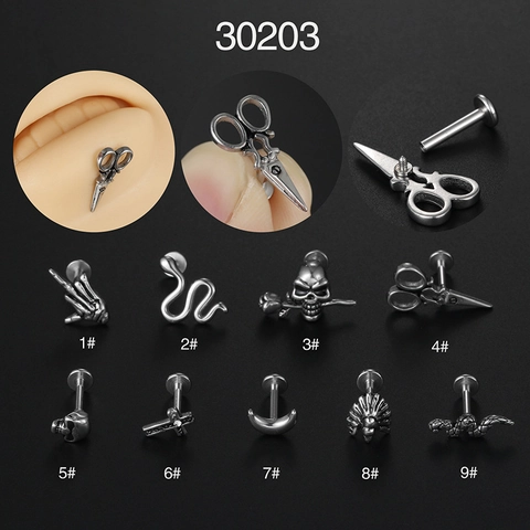 316L Stainless Steel Punk Body Piercing Lip Ring Cartilage Stud With Moon Snake Skull Shapes For Men Women Gothic Jewelry