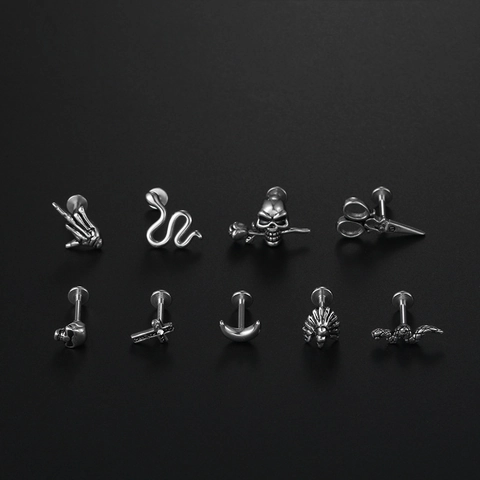 316L Stainless Steel Punk Body Piercing Lip Ring Cartilage Stud With Moon Snake Skull Shapes For Men Women Gothic Jewelry