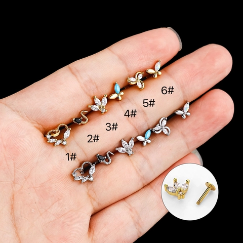 316L Acciaio Inossidabile Labret Stud Orecchio Cartilagine Piercing Gioielli Zirconia Opale Farfalla Corona Cuore