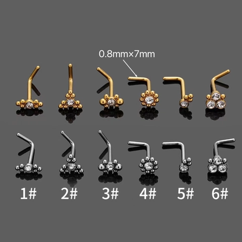 316L Edelstahl Zirkon L-Förmiger Nasenstecker Für Damen Herren Mini Blume Runde Perle Body Piercing Schmuck Gold Silber 0.8mm 7mm
