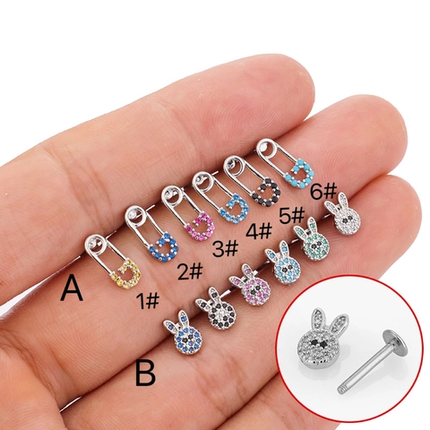 316L Stainless Steel Rabbit Head Safety Pin Labret Stud Earring Colorful Zirconia Inlaid Body Piercing Jewelry For Women Men
