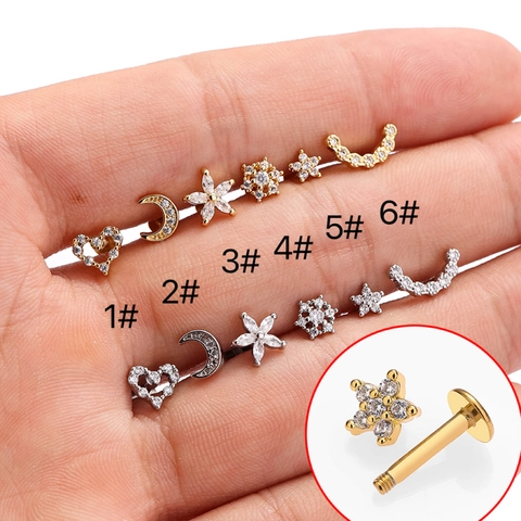 Clou de Labret en Acier Inoxydable 316L Zirconium Cœur Lune Fleur Bijoux de Piercing pour Lèvre Tragus Oreille Clous