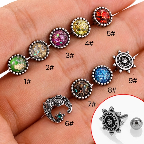 Stainless Steel Faux Opal Starry Sky Stud Earrings For Women Men Vintage Gothic Moon Star Rudder Ear Cartilage Piercing Jewelry