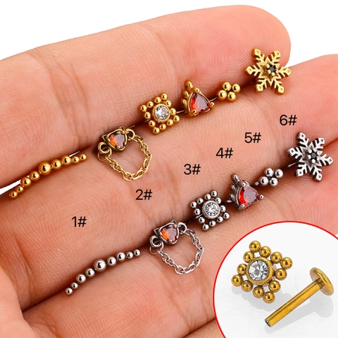 Piercing de Labio con Rosca Interna de Acero Inoxidable 316L Circonia Copo de Nieve Corazón Joyería Pendiente de Cartílago