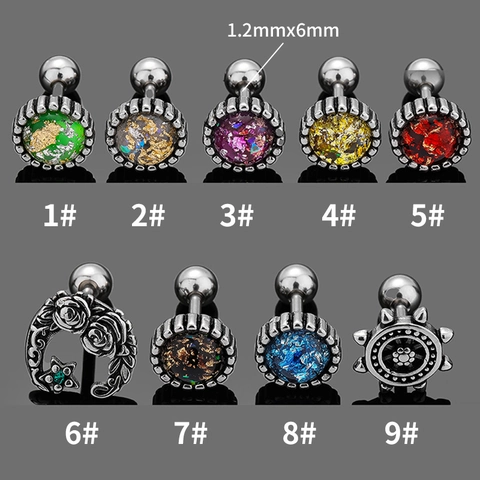 Stainless Steel Faux Opal Starry Sky Stud Earrings For Women Men Vintage Gothic Moon Star Rudder Ear Cartilage Piercing Jewelry