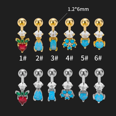Stainless Steel Cubic Zirconia Piercing Earrings Fruit Flower Heart Pendant Body Jewelry For Women Men Piercing Studs