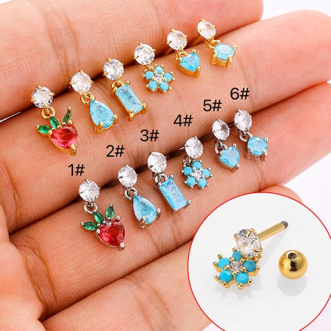 Stainless Steel Cubic Zirconia Piercing Earrings Fruit Flower Heart Pendant Body Jewelry For Women Men Piercing Studs