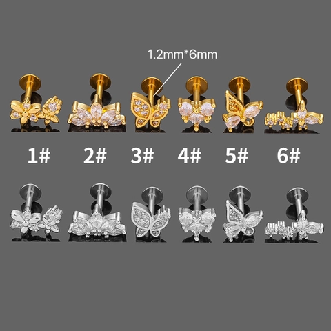 Boucles d'Oreilles Labret en Acier Inoxydable Cuivre Zircone Papillon Cœur pour Femmes Bijoux de Piercing Tragus