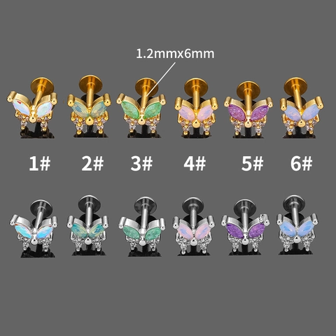 316L Edelstahl Zirkonia Schmetterling Lippenstecker Labret Ring Kupfer Eingelegt Opal Ohrring Helix Tragus Piercing Schmuck