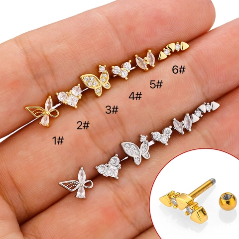 Boucles d'Oreilles Clous en Acier Inoxydable 316L pour Femme Homme Papillon Cœur Zirconium Fermoir à Vis Bijoux Piercing
