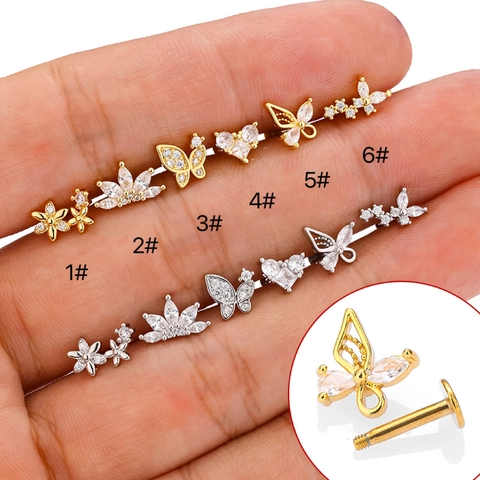 Boucles d'Oreilles Labret en Acier Inoxydable Cuivre Zircone Papillon Cœur pour Femmes Bijoux de Piercing Tragus