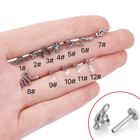 Joyas de Piercing de Acero Inoxidable 316L con Zirconia Serpente Estrella Labret de Espalda Plana Roscada