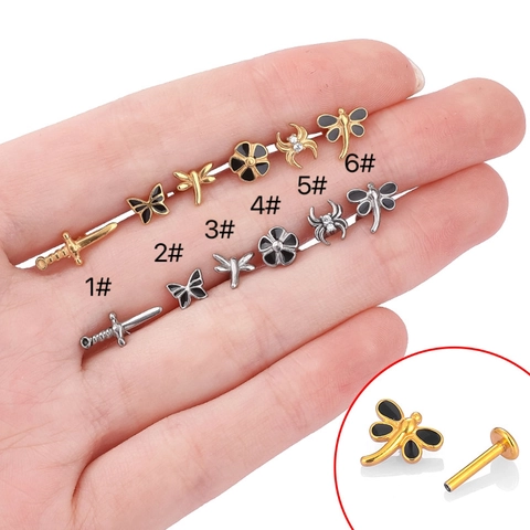 316L Stainless Steel Zirconia Lip Labret Stud Punk Gothic Dagger Butterfly Flower Spider Dragonfly Body Jewelry
