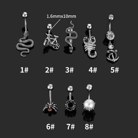 316L Stainless Steel Navel Ring Animal Snake Scorpion Bicycle Anchor Spider Skull Punk Body Piercing Jewelry For Women