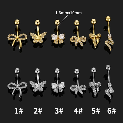 316L Stainless Steel Zirconia Butterfly Bow Snake Belly Button Ring Gold Silver Plated Navel Piercing Jewelry For Women