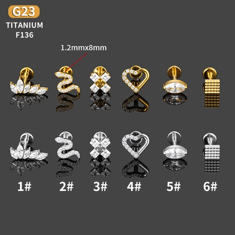 F136 Titanium Alloy Labret Stud Heart Snake Cross Zirconia Internal Threading Body Piercing Ear Bone Stud For Unisex