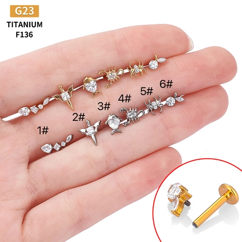 F136 Lega di Titanio Zirconia Labret Stud per Labbra Orecchio Cartilagine Piercing Gioielli Scorpione Ragno Cuore Filettatura Interna Anello Labiale