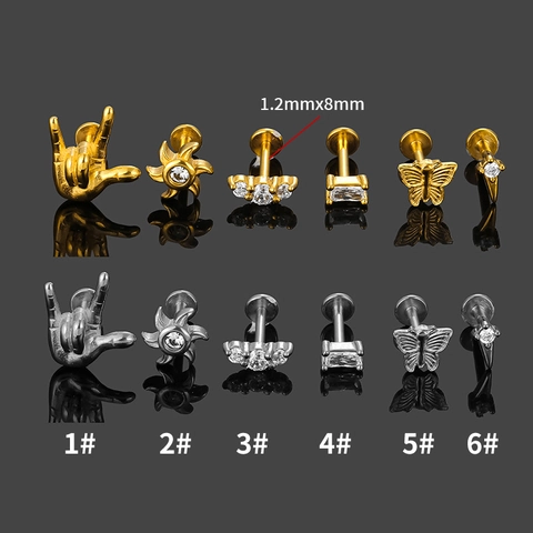 316L Stainless Steel Zirconia Lip Stud Earring Butterfly Hand Gesture Internally Threaded Flat Back Body Piercing Jewelry