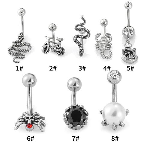 316L Stainless Steel Navel Ring Animal Snake Scorpion Bicycle Anchor Spider Skull Punk Body Piercing Jewelry For Women