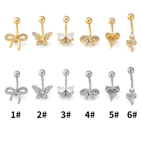 316L Stainless Steel Zirconia Butterfly Bow Snake Belly Button Ring Gold Silver Plated Navel Piercing Jewelry For Women