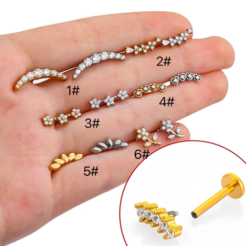 Σκουλαρίκια Labret από Ανοξείδωτο Ατσάλι 316L για τον Χόνδρο Ζιρκόνια Ένθετο Flat Back Καρδιά Λουλούδι Φύλλο Κοσμήματα Piercing Unisex