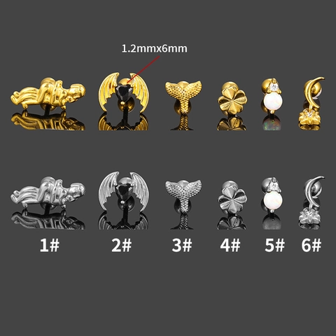 316L Stainless Steel Zirconia Piercing Stud Earrings Artificial Opal Fashion Wing Fish Tail Star Moon Cartilage Jewelry