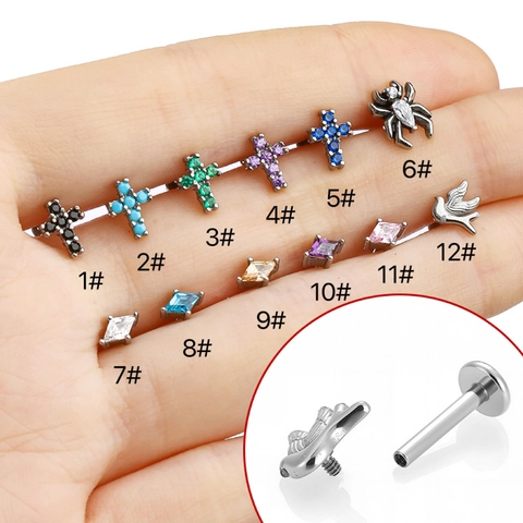 Orecchini Labret in Acciaio Inossidabile 316L Con Zirconia a Forma di Croce Ragno Uccello Aquilone per Donna Uomo Gioielli